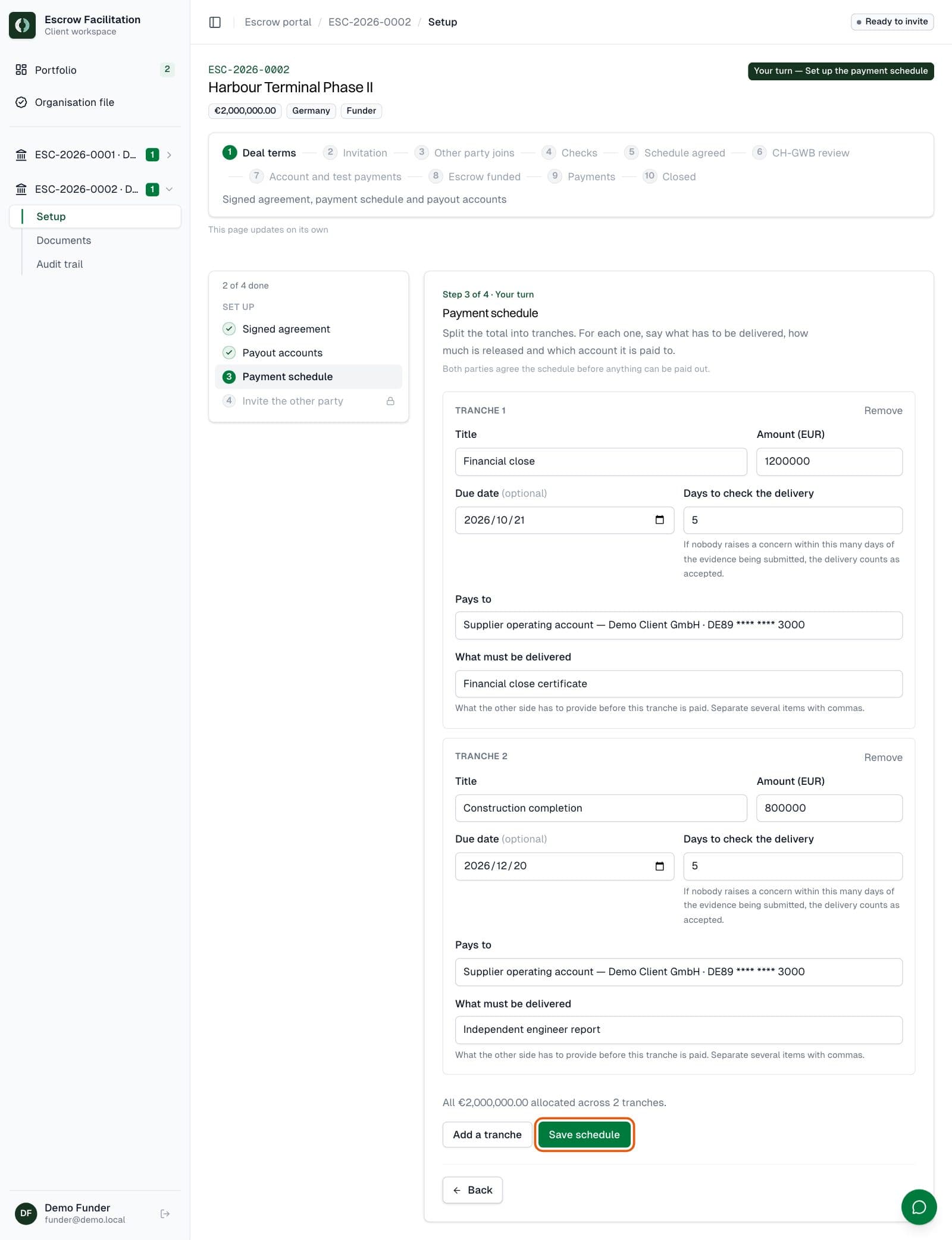 Funder: Set the payment schedule