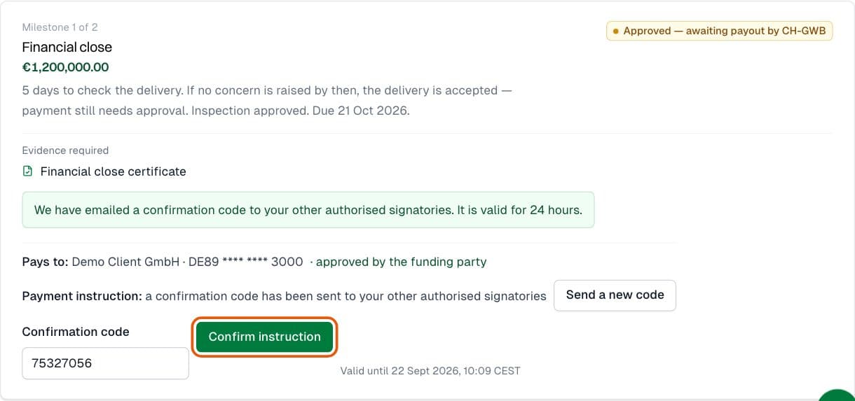 Funder: Confirm the payment instruction