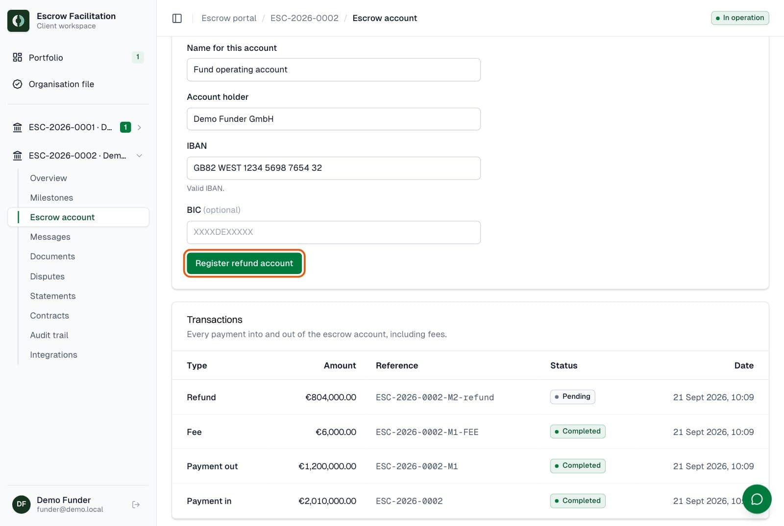 Funder: Register the refund account